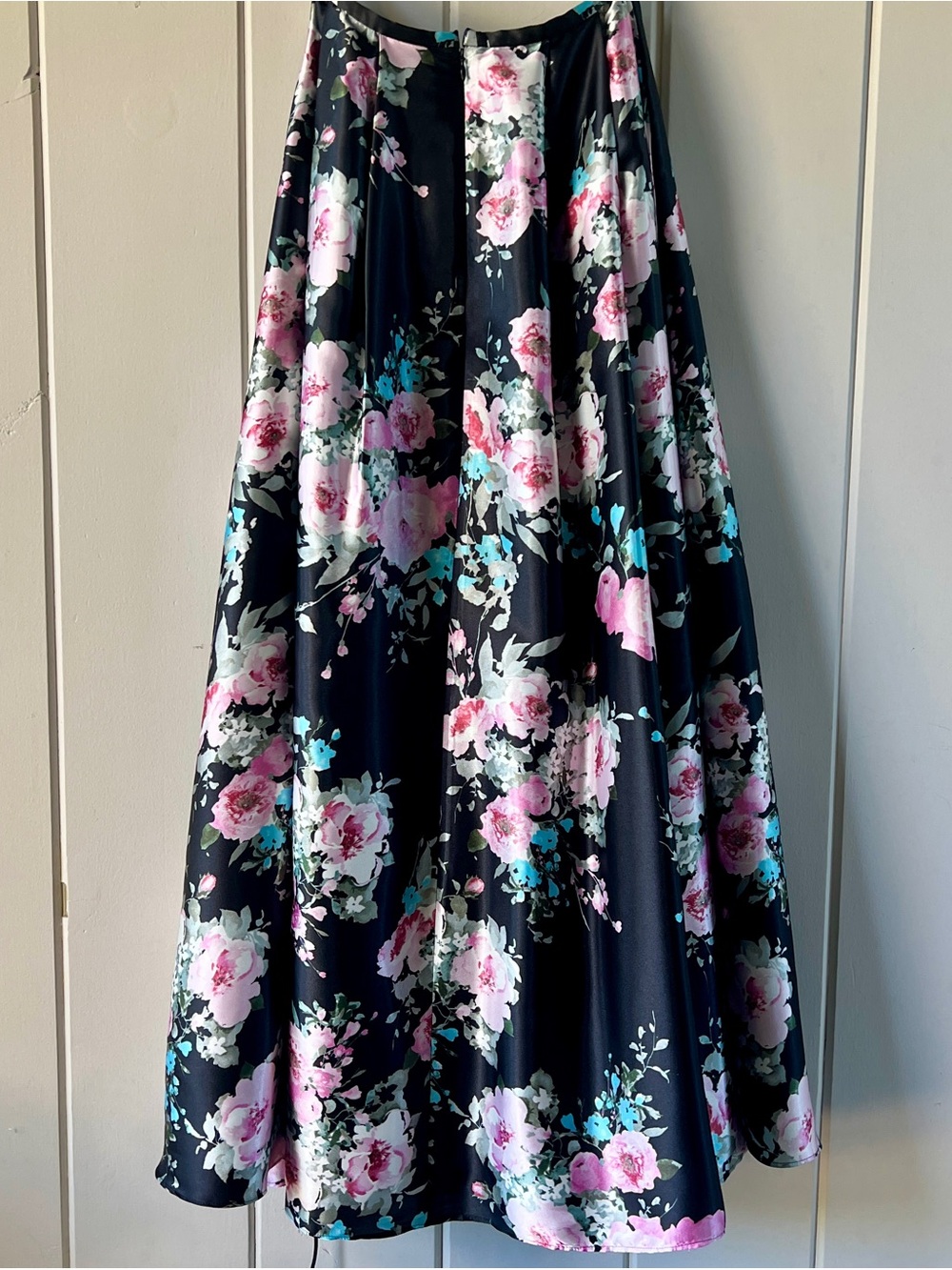 Blondie Nites Black Pink Blue Floral Satin Maxi Ball Skirt Sz 7